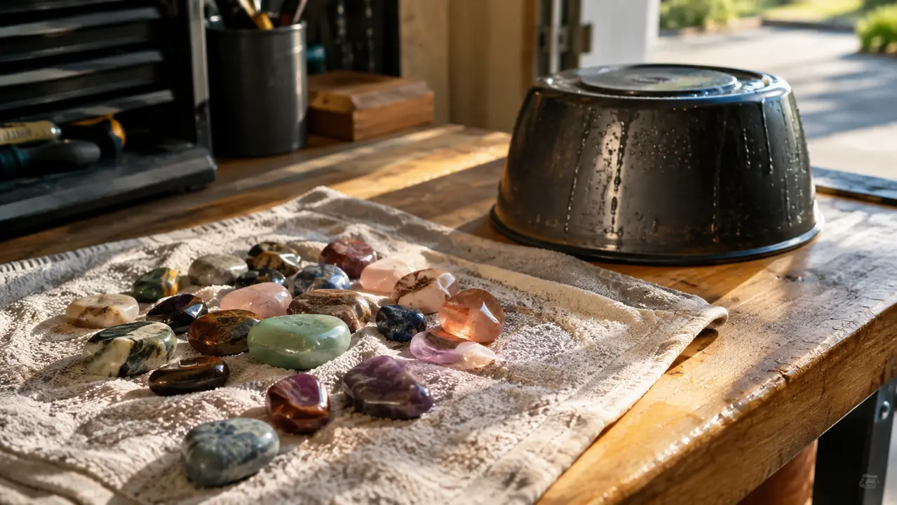 Polished stones drying on a towel on a garage workbench next to a rinsed tumbler bowl