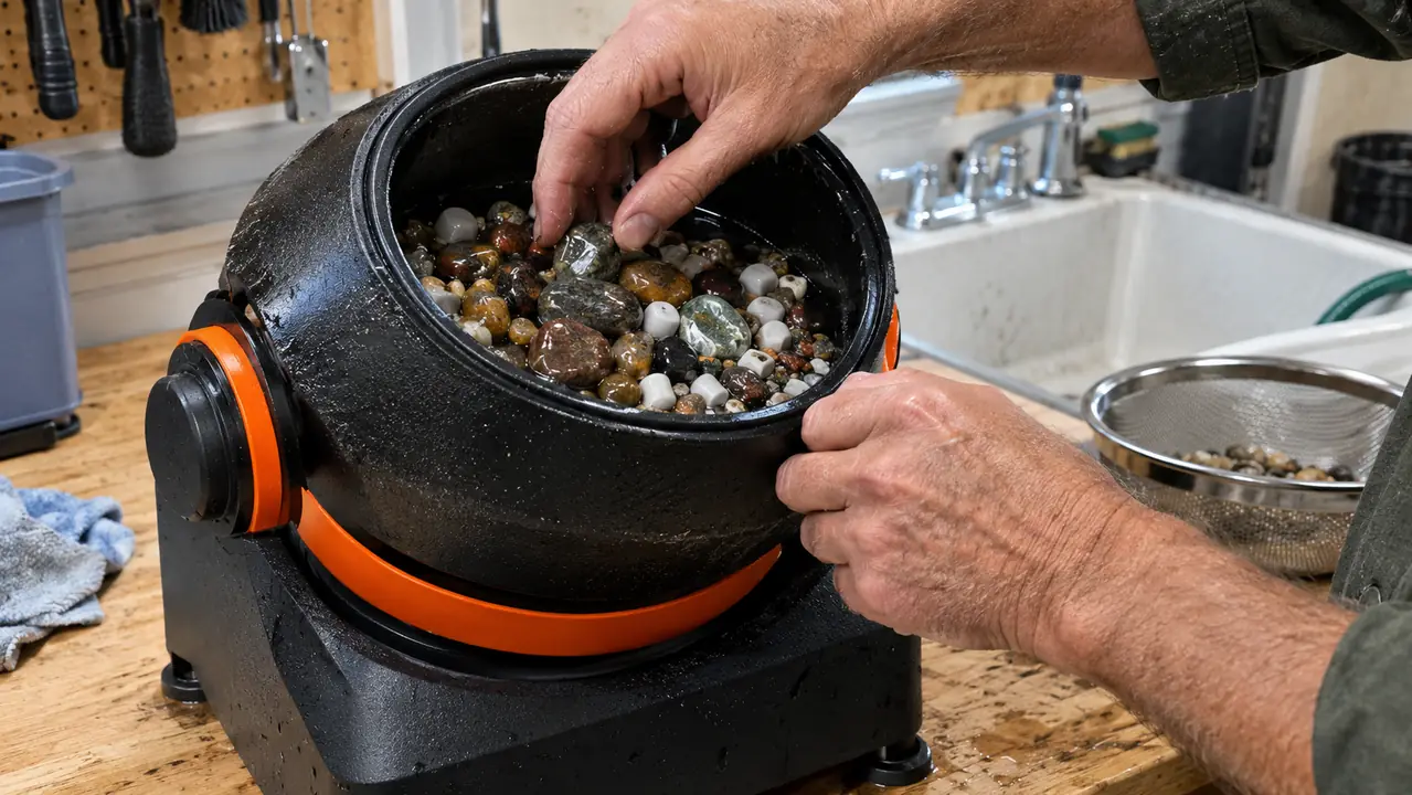 A hand checking stones and media inside a running vibratory rock tumbler on a workbench
