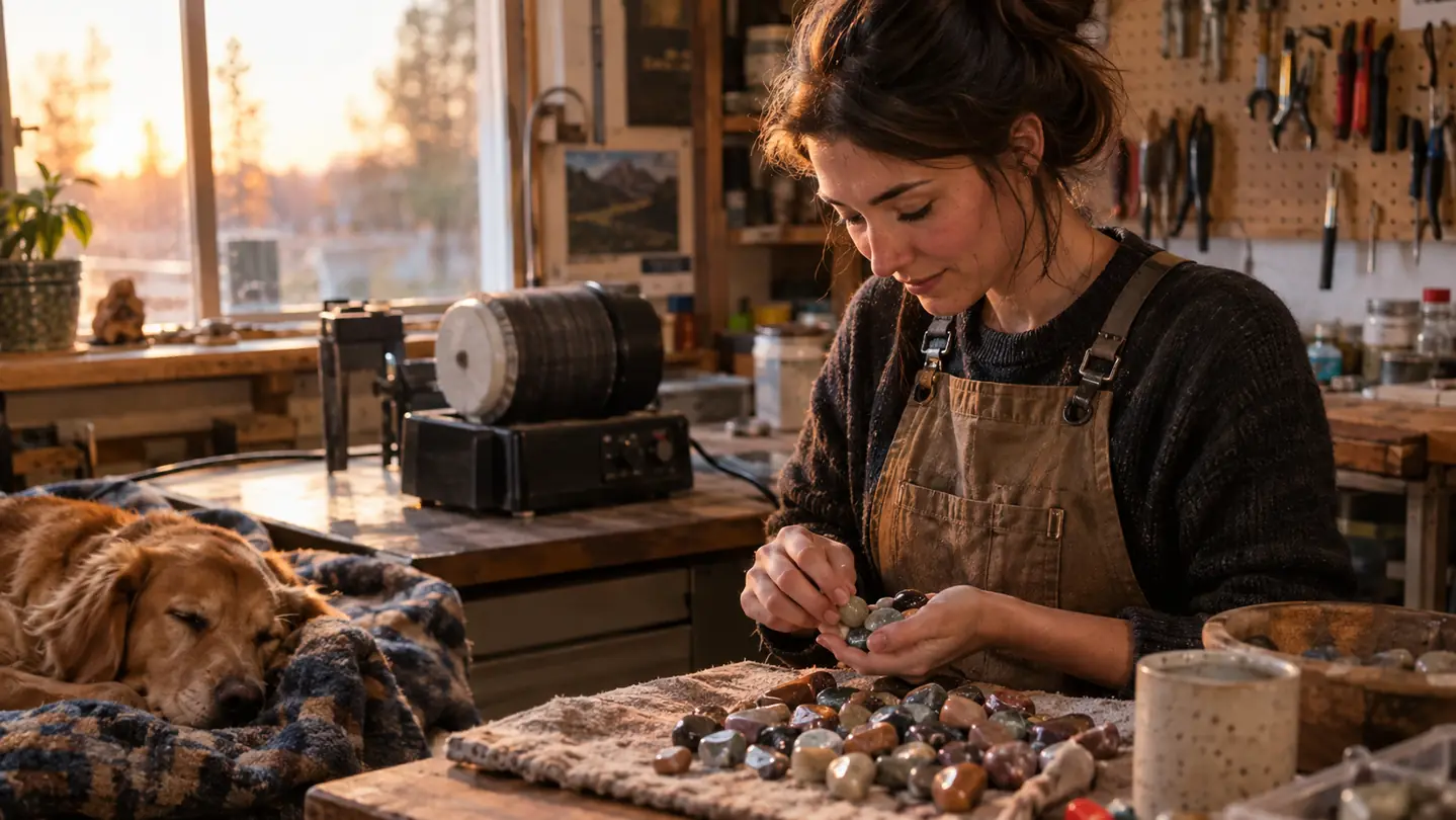 A person sorting polished stones at a garage workbench while a tumbler runs in the background