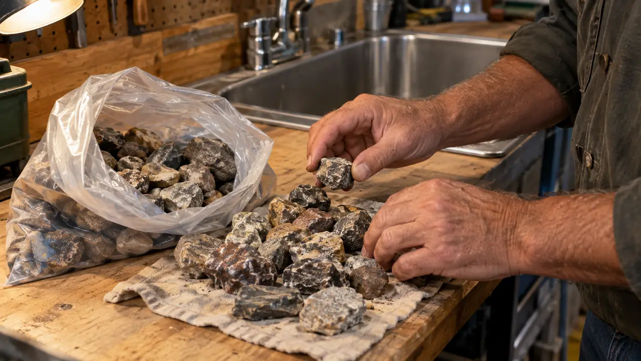 Hands sorting rough tumbling stones on a garage workbench next to an open bag of stones