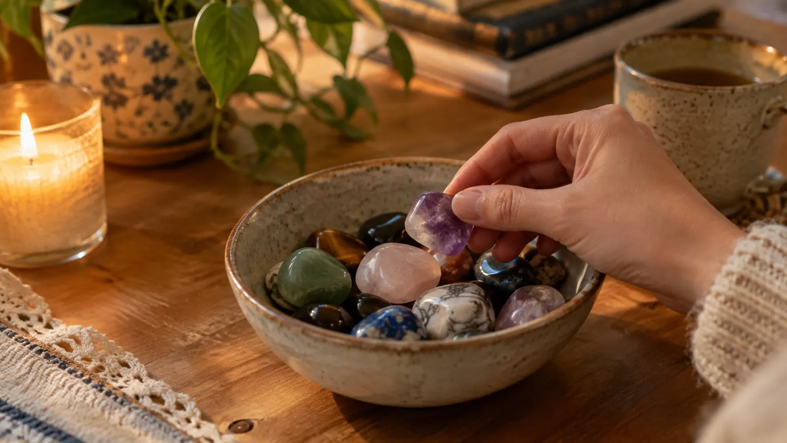 A bowl of tumbled stones on a kitchen table in warm evening light
