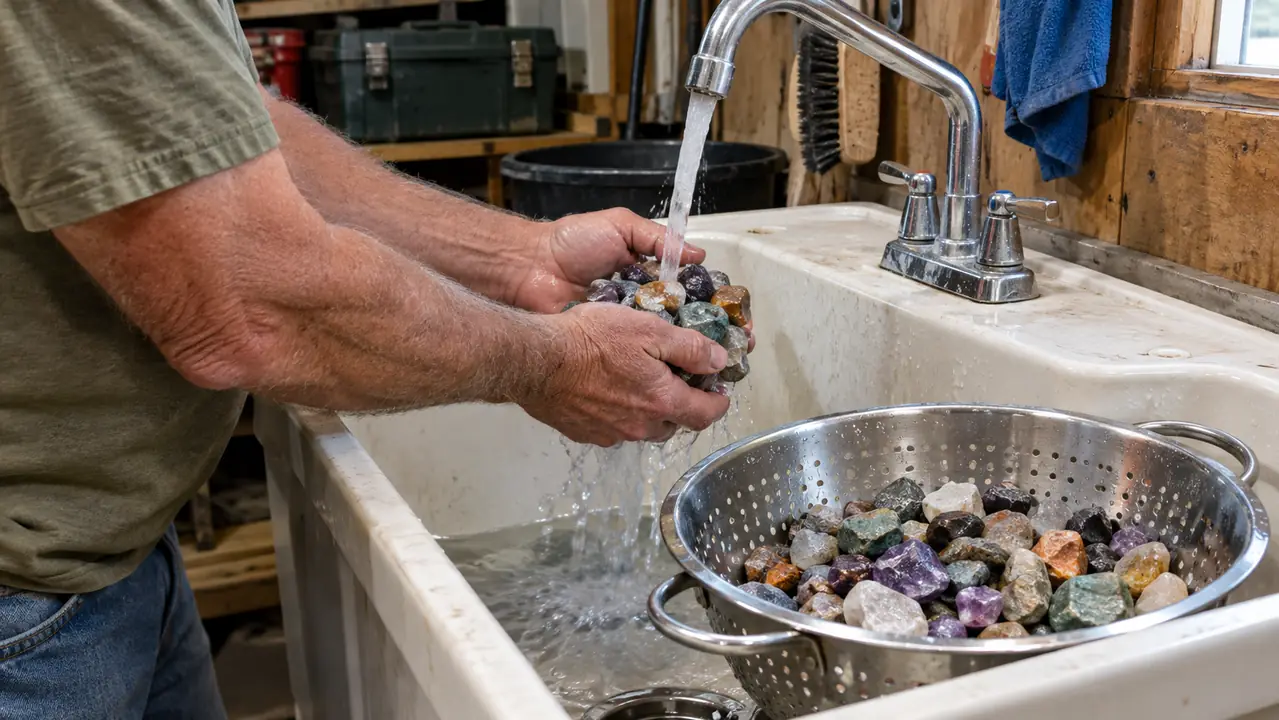 Hands rinsing tumbled stones under a utility sink tap, with a colander full of mixed rough stones
