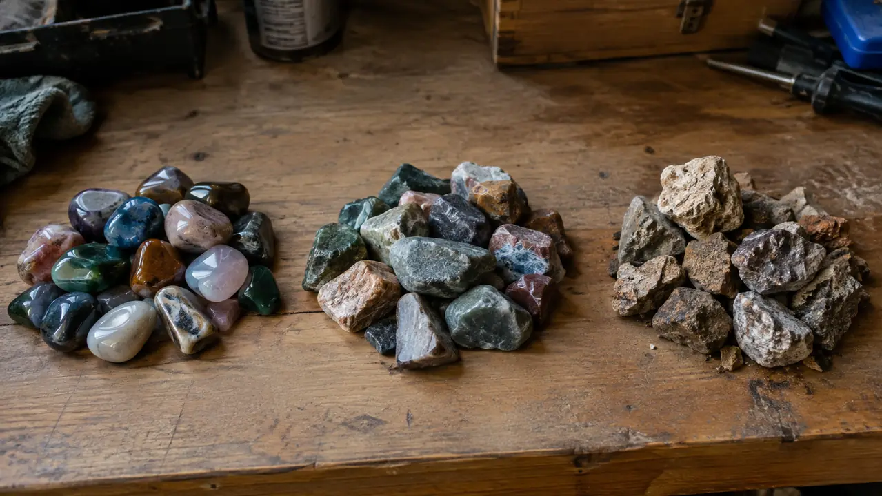 A flat lay of rough stones sorted into three piles: glassy finished stones, decent ones, and still rough ones, on a wooden workbench