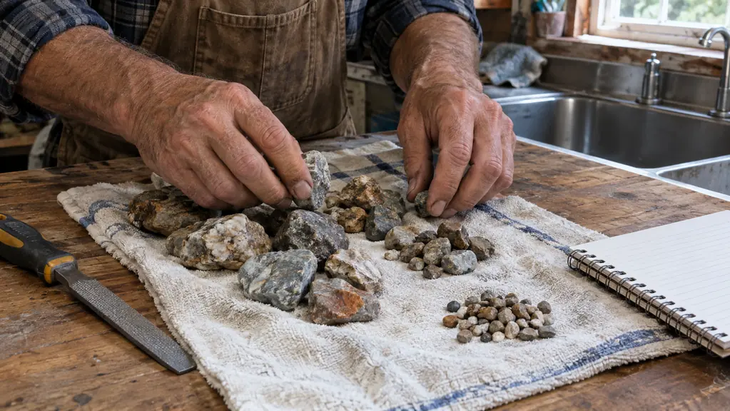 Hands sorting rough stones by size on a shop towel at a garage workbench.