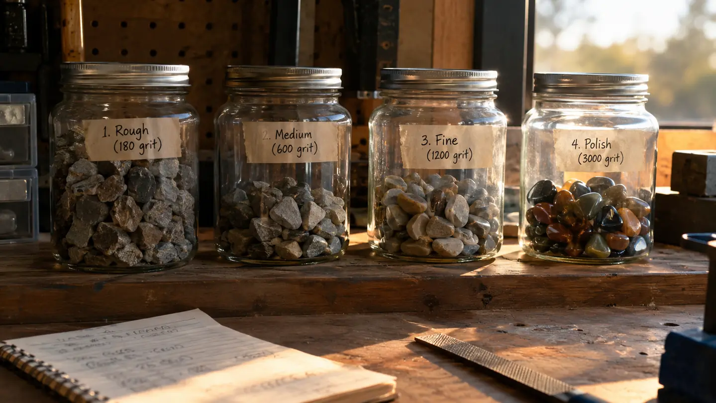 Four jars of stones at different tumbling stages on a garage workbench shelf.