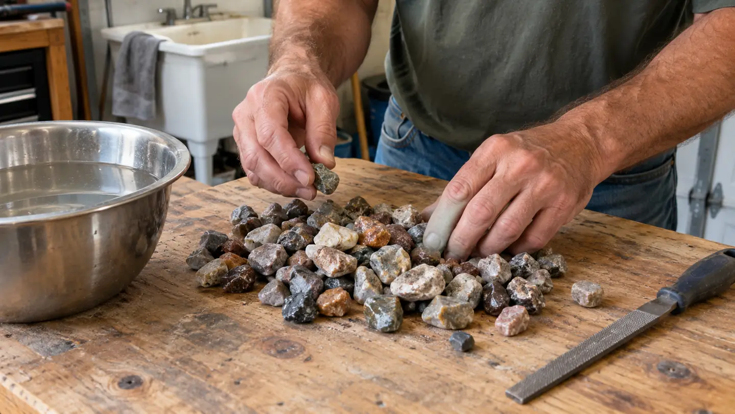 Hands sorting a pile of rough tumbling stones on a workbench beside a bowl of water and a steel file