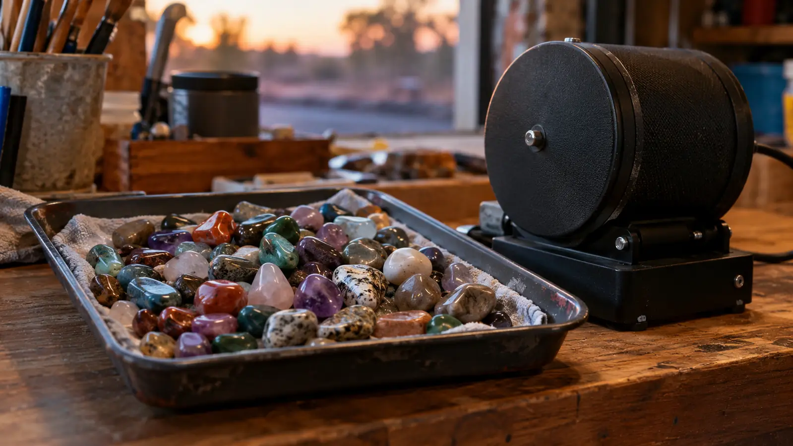Tray of tumbled stones on a garage workbench next to a rock tumbler barrel